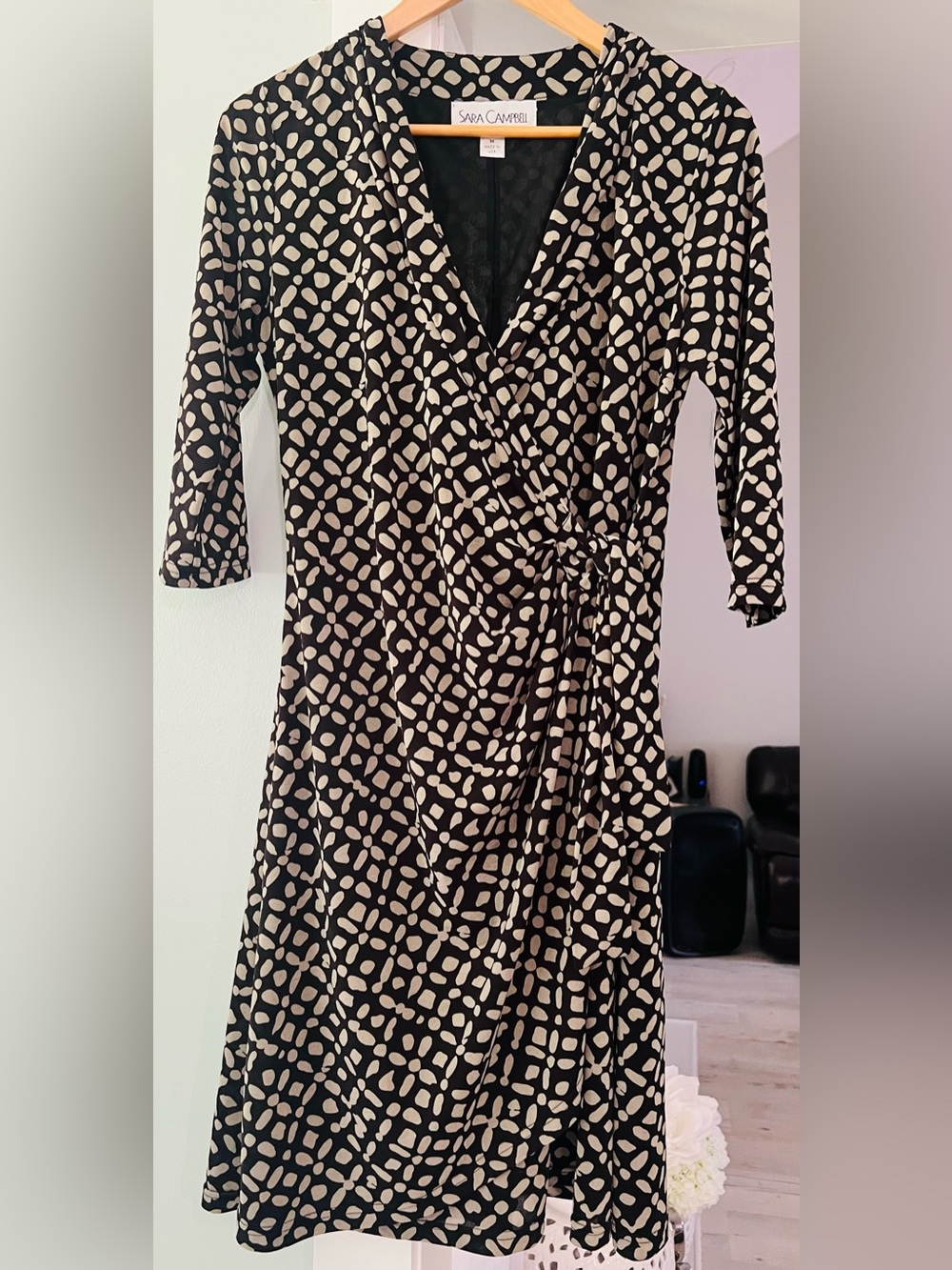Sara Campbell Black and Cream Printed Wrap Midi Dress